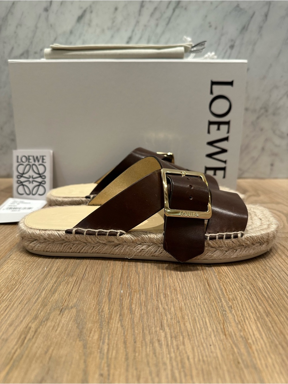 Loewe Petal Brown Espadrille Leather Buckle Slides - Picture 4 of 13